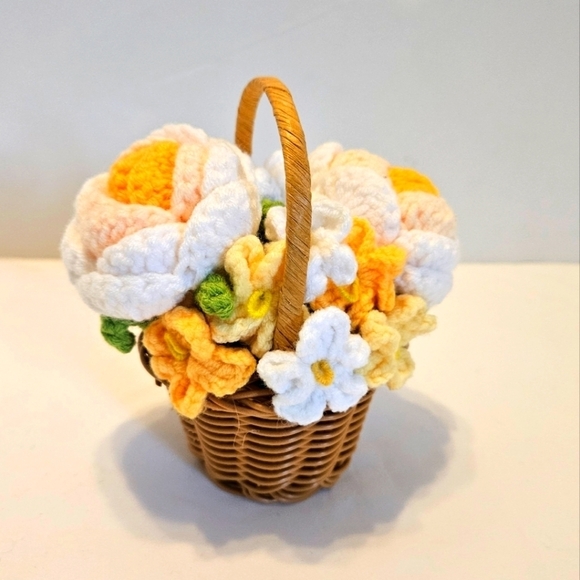 Hand Crafted Other - Hand Crafted knit flowers basket artificial bouquet white yellow crochet flower